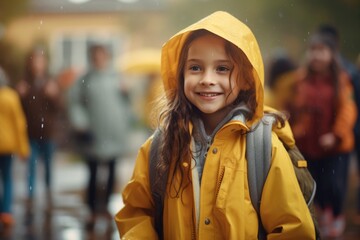 Rainy Day Adventures: Picture a Schoolyard Scene with a Girl in a Yellow Raincoat, Carrying a Schoolbag, Braving the Raindrops with Joyful Exploration.