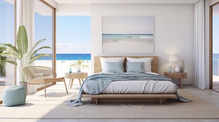 Minimalist bedroom interior with ocean sea view. Modern coastal interior. Summer, travel, vacation, dreams holiday, resort