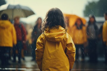 A group of children are seen playing in nature, wearing rain boots and waterproof clothing, jumping and splashing in the muddy ground | Exploring Nature with Galoshes and Raincoats
 - obrazy, fototapety, plakaty