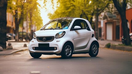 Small electric micro car. Due to the super compact size of the cars, Easily be parked in the big city. Modern eco-friendly urban transport. Tiny and funny modern eco transport