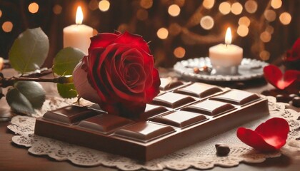 romantic setting with a chocolate bar, a red rose,candle