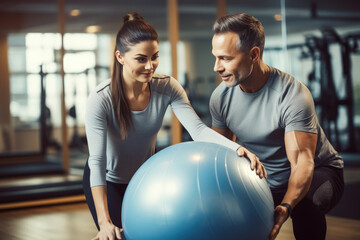 In the gym, a personal trainer assists a dedicated girl performing exercises on a pilates ball, emphasizing health and wellness. - obrazy, fototapety, plakaty
