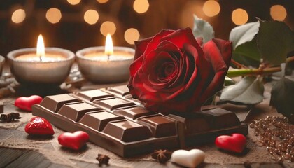 romantic setting with a chocolate bar, a red rose,candle