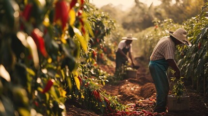 Authentic Pepper Harvest: Delve into the Traditional Harvest of Ripe Chili Peppers on a Mexican Farm, as Workers Utilize Time-Tested Methods in the Abundance of Nature