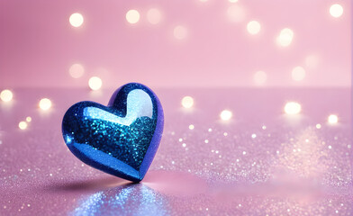 Obraz premium A small blue heart on a sparkling soft pink background. Generative AI