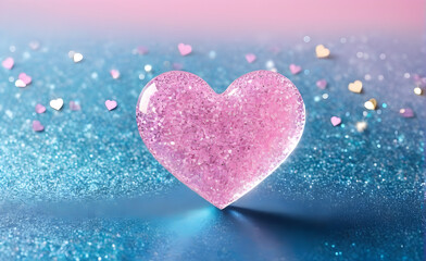 A small blue heart on a sparkling soft pink background. Generative AI