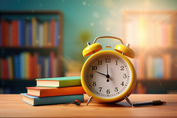Design with alarm and books telling school time on desk, back to school. Generative ai