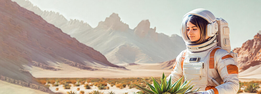 Panorama. Woman astronaut tending to plants in space, on a planet with a desert landscape