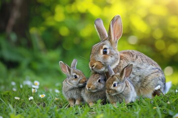Fototapeta premium A cute picture of a mother rabbit/bunny with her adorable little one lying in the grass. Generative AI