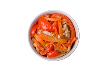 Delicious fresh stew with chicken or turkey with slices of sweet pepper and carrots