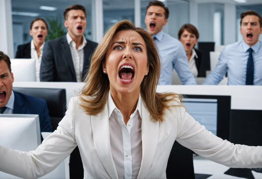 group of office workers are shown with their mouths open in various states of anger