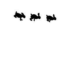 A set of rabbit jump phases. Black silhouette on a white background.  rabbit silhouette design. The hare sits, prepares to jump, jumps, and lands. 