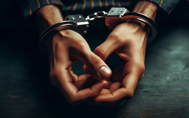 Hands are cuffed The culprit is caught, his freedom is lost, the police catch the thief, close up