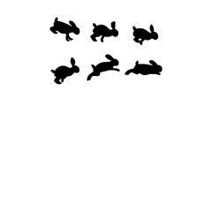A set of rabbit jump phases. Black silhouette on a white background.  rabbit silhouette design. The hare sits, prepares to jump, jumps, and lands. 