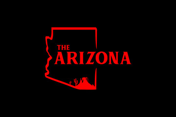 Arizona state map outline logo design, with green canyon illustration silhouette view.