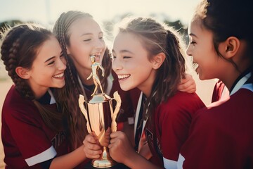 Middle school american girl sport player kissing trophy with cheering teammates - Powered by Adobe