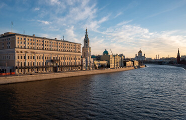 View of the Sofia embankment of the Moskva River in the center of the Russian capital at sunset.