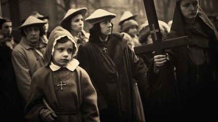 Obraz premium a vintage photo, the holy week, a procession and child prayers holding a cross