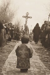 a vintage photo, the holy week, a procession and child prayers holding a cross