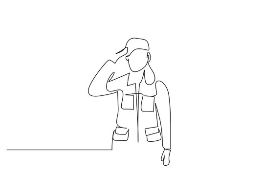 female soldier salute emotional pose one line art design vector
