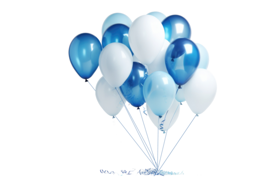 Bunch of big blue and white balloons for birthday party isolated on transparent background