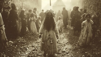 a vintage photo, the holy week, a procession and child prayers holding a cross - obrazy, fototapety, plakaty