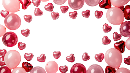 Valentine's baloons hearts isolated on transparent background. Pink and red symbols of love border for romantic banner or Happy Mother's Day greeting card design