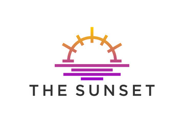 Naklejka premium Sunset beach resort logo design, striped line style with bright color, travel vacation outdoor icon symbol, water wave symbol element.