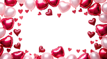 Valentine's baloons hearts isolated on transparent background. Pink and red symbols of love border for romantic banner or Happy Mother's Day greeting card design