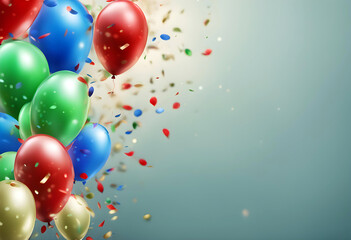 Festive background with golden and blue balloons falling confetti blurry background