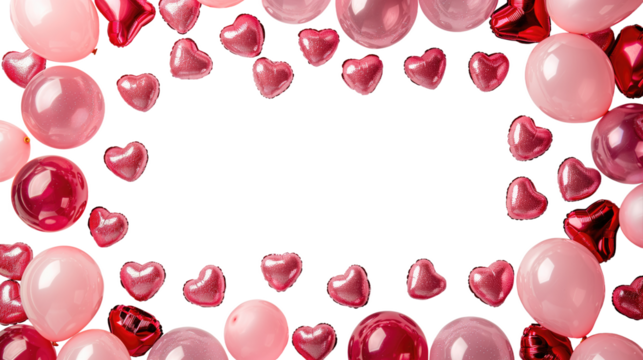 Valentine's baloons hearts isolated on transparent background. Pink and red symbols of love border for romantic banner or Happy Mother's Day greeting card design
