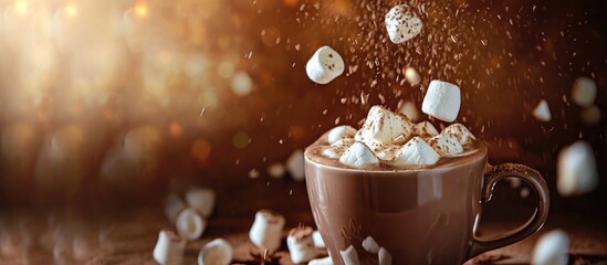 Hot cacao with cream and marshmallow, marshmallow falling into the cup.