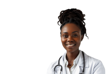 medicine, profession and healthcare concept - happy smiling african american female doctor in white coat with stethoscope on transparent