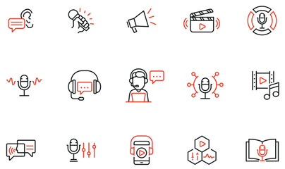 Vector Set of Linear Icons Related to Dubbing Production, Movie Translation, Audio Editing. Mono line pictograms and infographics design elements