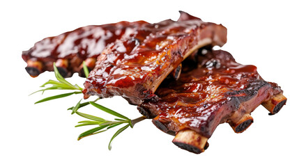 Grilled and smoked pork ribs with barbeque sauce and rosemary isolated on transparent background