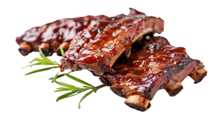 Grilled and smoked pork ribs with barbeque sauce and rosemary isolated on transparent background