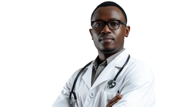 Happy afro man doctor portrait isolated on transparent