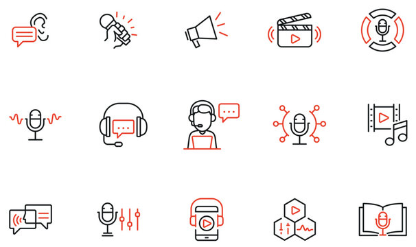 Vector Set of Linear Icons Related to Dubbing Production, Movie Translation, Audio Editing. Mono line pictograms and infographics design elements
