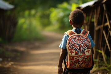 Drawing of boy going to school with patterned bag on his back, back to school. Generative ai