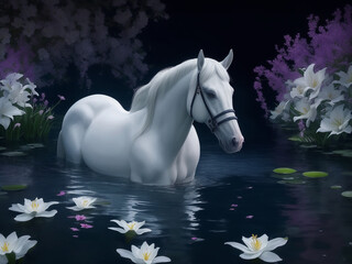 A photo of a beautiful white horse in water at night Generative AI
