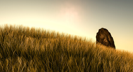 3D rendering of serene and peaceful meadow landscape with single standing stone and sunset on the deep horizon