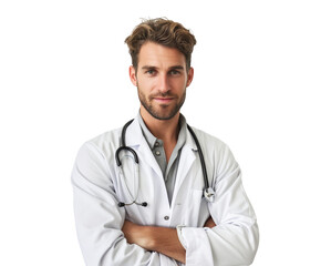 Fototapeta premium Man doctor in a white coat with a stethoscope looking into the camera on a transparent background, copy space, space for text