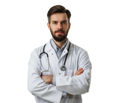 Man doctor in a white coat with a stethoscope looking into the camera on a transparent background, copy space, space for text