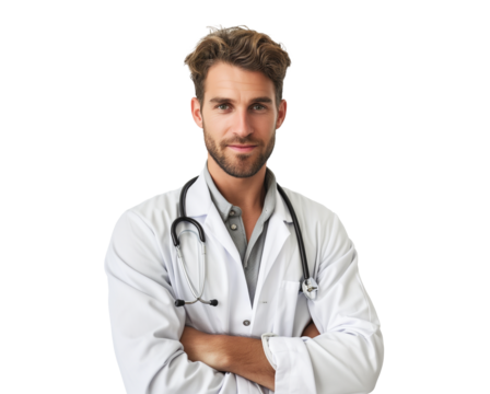 Man doctor in a white coat with a stethoscope looking into the camera on a transparent background, copy space, space for text
