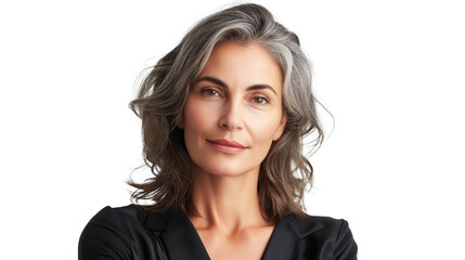 Portrait of attractive cheerful glad grey-haired woman  isolated on transparent