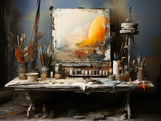 A big paint brush sits on a table