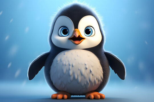 Cartoon penguin sitting on the snow, 3d render illustration, 