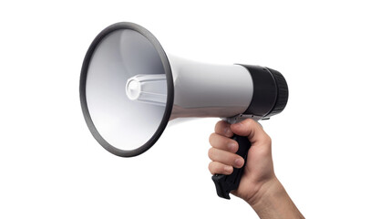 Megaphone in hands isolated on a transparent background. 