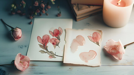 A love letter and flowers on the table