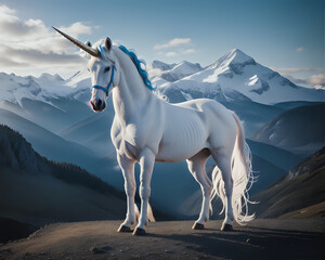 Obraz na płótnie Canvas a white unicorn with blue mane standing in front of a mountains